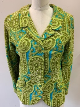Womens, Blazer, LOUBELLA TRUDY'S, Lime Green, Chartreuse Green, Turquoise Blue, Avocado Green, Cotton, Polyester, Paisley/Swirls, B36, Single Breasted, 3 Covered Buttons, 2 Faux Pockets, Lined, Has Another Color Combination See FC060796