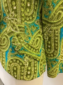 Womens, Blazer, LOUBELLA TRUDY'S, Lime Green, Chartreuse Green, Turquoise Blue, Avocado Green, Cotton, Polyester, Paisley/Swirls, B36, Single Breasted, 3 Covered Buttons, 2 Faux Pockets, Lined, Has Another Color Combination See FC060796
