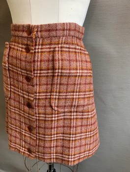 N/L, Brick Red, Orange, Ecru, Wool, Plaid, Thick Scratchy Wool, Hem Above Knee,  A-line, Buttons Down Center Front, 2 Large Patch Pockets at Hips,