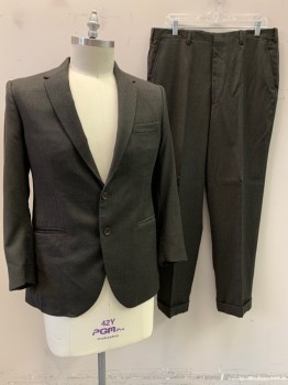 Mens, 1960s Vintage, Suit, Jacket, NL, Dk Olive Grn, Black, Wool, 2 Color Weave, 42, Notched Lapel, Single Breasted, Button Front, 3 Pockets