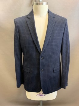Mens, Sportcoat/Blazer, THEORY, Black, Beige, Polyamide, Viscose, Plaid-  Windowpane, 44R, Notched Lapel, Single Breasted, 2 Buttons, 3 Pockets, Double Back Vent