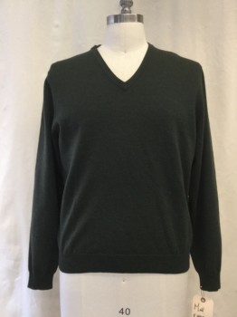 Mens, Pullover Sweater, BROOKS BROTHERS, Dk Green, Wool, Nylon, Heathered, M, V-neck,
