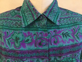 DRAPERS & DAMON'S, Teal Green, Orchid Purple, Black, Dk Green, Polyester, Floral, Stripes - Horizontal , Collar Attached, 5 Self Cover Button Front, Long Sleeves with Same Matching Self Cover 1 Button, Thin Elastic Waist