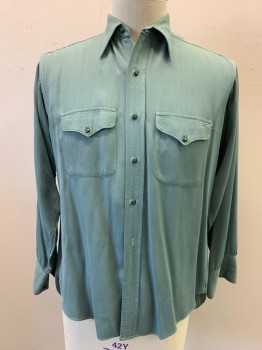 Mens, Shirt, RANGE MASTER, Sage Green, Cotton, Solid, 33, 15.5/, Long Sleeves, Collar Attached, Button Front, Late 1930s, Long Collar Points, 2 Pockets, Missing Bottom Button