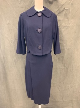 Womens, 1950s Vintage, Suit, Jacket, N/L, Navy Blue, Wool, Solid, B 32, Crepe Wool, 3 Large Navy Plastic Buttons, Rounded Collar Attached, 3/4 Sleeve, Scallopped Hem