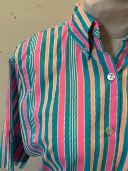 Womens, Blouse, ALDEN'S FASHIONS, Pink, Blue, White, Peach Orange, Polyester, Rayon, Stripes, Zig-Zag , B 44, 3/4 Sleeves, Button Front, Collar Attached, Button Down Collar, *Shoulder Burn*