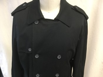 Mens, Coat, Trenchcoat, N/L, Black, Polyester, Cotton, Solid, XXL, 48L, Double-breasted closure, Spread Collar, 2 Side Entry Pockets, Long Sleeves, Epaulets,Front Right Gun Flap, Back Rain Flap, Back Vent,  Belted Cuffs, Belted Waist, Below the Knee Length *Missing Liner*