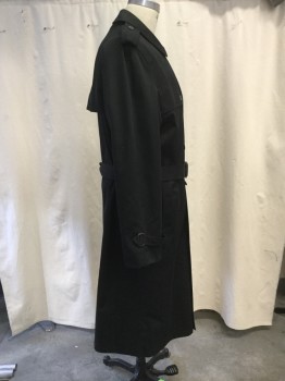 Mens, Coat, Trenchcoat, N/L, Black, Polyester, Cotton, Solid, XXL, 48L, Double-breasted closure, Spread Collar, 2 Side Entry Pockets, Long Sleeves, Epaulets,Front Right Gun Flap, Back Rain Flap, Back Vent,  Belted Cuffs, Belted Waist, Below the Knee Length *Missing Liner*