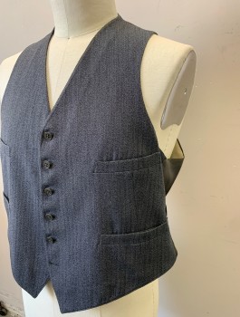 Mens, 1920s Vintage, Suit, Vest, N/L, Slate Gray, Lt Gray, Wool, Herringbone, 42, Vest, 6 Buttons, 4 Welt Pockets, Gray Silk Back,
