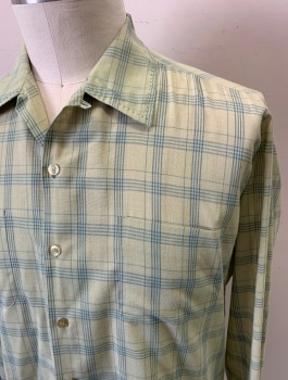 MCGREGOR, Avocado Green, Teal Green, Cotton, Plaid-  Windowpane, Long Sleeves, Button Front, Collar Attached, Hand Picked Stitching on Collar, 2 Patch Pockets, 1950's