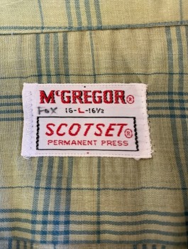 MCGREGOR, Avocado Green, Teal Green, Cotton, Plaid-  Windowpane, Long Sleeves, Button Front, Collar Attached, Hand Picked Stitching on Collar, 2 Patch Pockets, 1950's