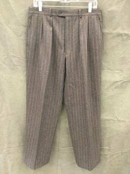CARROL & CO., Dk Brown, White, Wool, Stripes - Pin, Heathered, Double Pleats, Button Tab, Zip Fly, 4 Pockets, Belt Loops