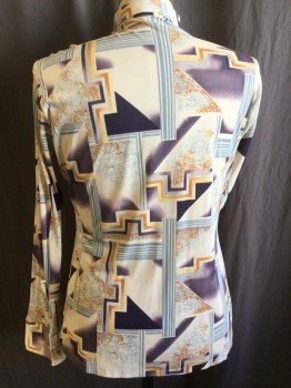 Mens, Shirt Disco, GAMA CREATIONS, Off White, Purple, Slate Blue, Peach Orange, Lt Yellow, Polyester, Abstract , 16/34, Collar Attached, Button Front, Long Sleeves,