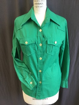 ORIGINAL MODEL BEKO, Green, Cotton, Polyester, Solid, Collar Attached, Button Front, 2 Pockets with Flap, Yoke Front, Long Sleeves, Curved Hem