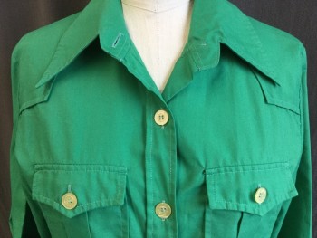 Womens, Blouse, ORIGINAL MODEL BEKO, Green, Cotton, Polyester, Solid, 12, B:38, Collar Attached, Button Front, 2 Pockets with Flap, Yoke Front, Long Sleeves, Curved Hem