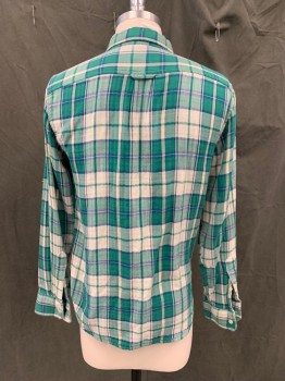LUCKY BRAND, Green, White, Navy Blue, Cotton, Plaid, Herringbone, Thin Double Layer, Button Front, Collar Attached, 2 Pockets, Long Sleeves, Button Cuff