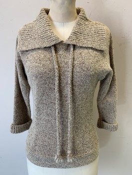 Womens, Sweater, LOFTIE'S, Oatmeal Brown, Brown, Cotton, Wool, Heathered, W:28, B:34, Knit, 3/4 Dolman Sleeves with Folded Cuffs, Pullover, Collar Attached, 2 Self Strings/Ties at Center Front Neck,