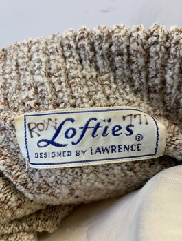 Womens, Sweater, LOFTIE'S, Oatmeal Brown, Brown, Cotton, Wool, Heathered, W:28, B:34, Knit, 3/4 Dolman Sleeves with Folded Cuffs, Pullover, Collar Attached, 2 Self Strings/Ties at Center Front Neck,