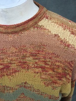 MONDO DI MARCO, Brown, Dk Red, Turmeric Yellow, Sea Foam Green, Tan Brown, Acrylic, Pullover, Wavy Abstract Stripes, Ribbed Knit Crew Neck, Long Sleeves, Ribbed Knit Waistband/Cuff