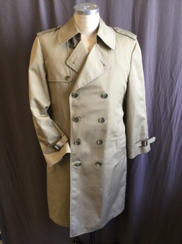 Mens, Coat, Trenchcoat, LONDON FOG, Khaki Brown, Dk Brown, Polyester, Cotton, Solid, 38S, 3/4 Length, Collar Attached, Double Breasted, 9 Button Front, 1 Flap with 1 Button on Right Shoulder & 1 Flap Back,  Epaulettes, Long Sleeves with Short Belt & Dark Brown Leather Rectangle Buckle, Self DETACHABLE Belt with Matching Dark Brown Leather Rectangle Buckle, DETACHABLE Dark Brown Sheep Fur Lining, 3 1 Split Center Back Hem