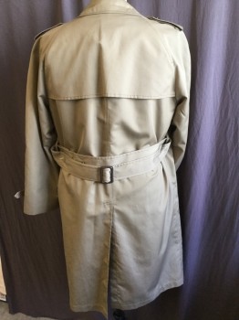 Mens, Coat, Trenchcoat, LONDON FOG, Khaki Brown, Dk Brown, Polyester, Cotton, Solid, 38S, 3/4 Length, Collar Attached, Double Breasted, 9 Button Front, 1 Flap with 1 Button on Right Shoulder & 1 Flap Back,  Epaulettes, Long Sleeves with Short Belt & Dark Brown Leather Rectangle Buckle, Self DETACHABLE Belt with Matching Dark Brown Leather Rectangle Buckle, DETACHABLE Dark Brown Sheep Fur Lining, 3 1 Split Center Back Hem