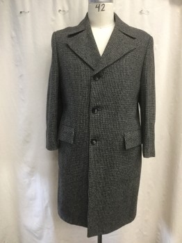 Mens, Coat, DARBY FASHIONS, Cream, Black, Wool, Basket Weave, Tweed, 42, Button Front, Collar Attached, Notched Lapel, 2 Flap Pockets, Long Sleeves (1970's - 1980's)