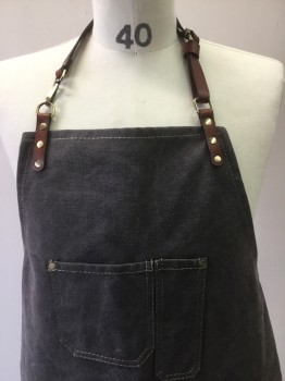 NL, Gray, Brown, Cotton, Leather, Solid, Grey Canvas, Khaki Top Stitching, Patch Pockets, Leather Straps