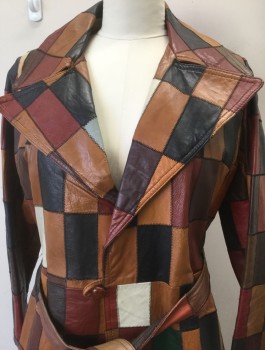 Womens, Coat, COUNTESS IMPERIAL, Brown, Caramel Brown, Black, Rust Orange, Leather, Patchwork, H:42-4, B:40, L, Shades of Brown Leather Rectangles, Wide Notched Lapel, 1 Button and Loop Closure, 2 Side Pockets, Above Knee Length, **With Matching BELT