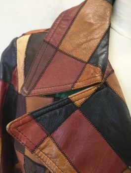 Womens, Coat, COUNTESS IMPERIAL, Brown, Caramel Brown, Black, Rust Orange, Leather, Patchwork, H:42-4, B:40, L, Shades of Brown Leather Rectangles, Wide Notched Lapel, 1 Button and Loop Closure, 2 Side Pockets, Above Knee Length, **With Matching BELT