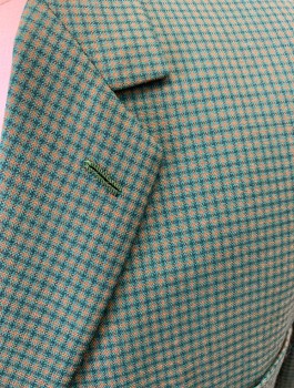Mens, Blazer/Sport Co, MTO, Green, Navy Blue, Ochre Brown-Yellow, Wool, Plaid, 40R, 2 Buttons,  Notched Lapel, 3 Pockets, Self Covered Button, Great Shape