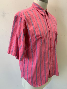 LEVI'S, Pink, Blue, White, Poly/Cotton, Stripes - Vertical , Zig-Zag , Short Sleeves, Button Front, Collar Attached, 2 Patch Pockets