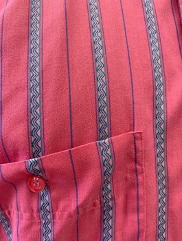 LEVI'S, Pink, Blue, White, Poly/Cotton, Stripes - Vertical , Zig-Zag , Short Sleeves, Button Front, Collar Attached, 2 Patch Pockets