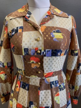Womens, Dress, Leslie Fay, Brown, Gold, Beige, Navy Blue, Polyester, Abstract , Dots, W28, B34, L/S, Button Front, Collar Attached, Pleated