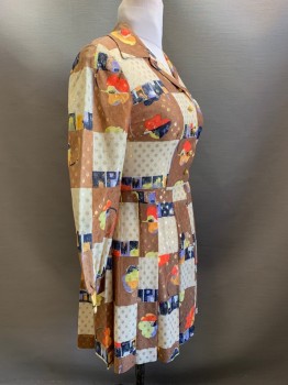 Leslie Fay, Brown, Gold, Beige, Navy Blue, Polyester, Abstract , Dots, L/S, Button Front, Collar Attached, Pleated