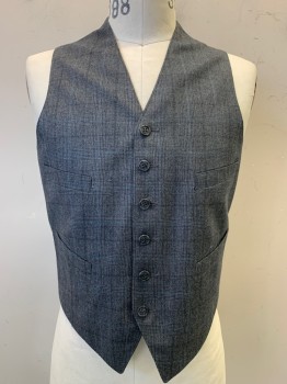 Mens, 1930s Vintage, Suit, Vest, WESTERN COSTUME CO, Gray, Black, Blue, Wool, Plaid, 39, V Neck, Single Breasted, Belted Back