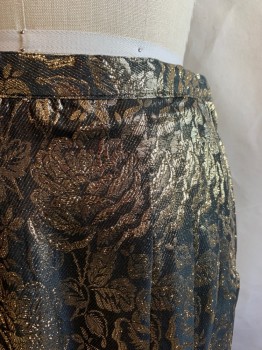 UMI COLLECTIONS , Gold, Black, Rayon, Polyester, Floral, Pleated, Side Zipper, Black Lining, Below Knee