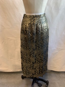 Womens, Skirt, UMI COLLECTIONS , Gold, Black, Rayon, Polyester, Floral, W26, Pleated, Side Zipper, Black Lining, Below Knee
