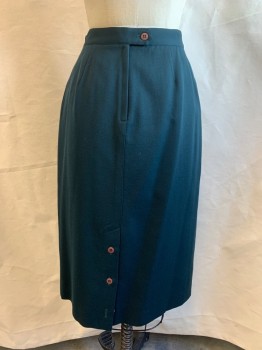 Womens, Skirt, NORMAN TODD, Dk Green, Wool, Solid, W26, Straight, 2 Stitched Closed Hip Pocket, Button Close CB Slit, Back Zipper,