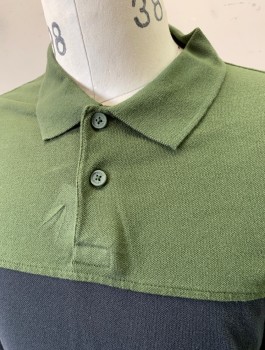 LEVI'S, Olive Green, Black, Cotton, Color Blocking, Pique Jersey, 3 Tiers Of Panels, Center Is Black, Top & Bottom Are Olive, L/S, Rugby Shirt, Rib Knit Collar, 2 Button Placket