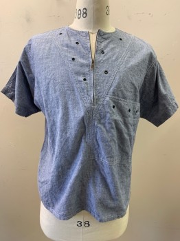 Womens, Shirt, SPARKLE, Blue, Cotton, Solid, M, Half Zip Chambray, White Top Stitching, Angular Pieces with Small Black Grommets
