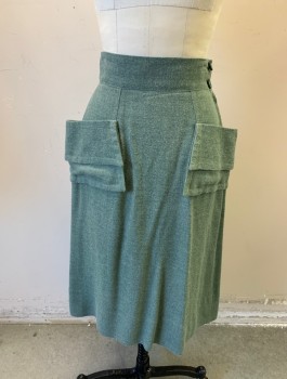 Womens, 1930s Vintage, Skirt, N/L, Dusty Green, Cotton, Solid, W:24, Flannel, Knee Length, Patch Pockets at Hips, 2 Buttons and Zip Closure at Side, Back Has Diagonal Seams with Shirred Fabric at Hips,  Goes with Matching Top (CF033490)