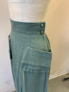 Womens, 1930s Vintage, Skirt, N/L, Dusty Green, Cotton, Solid, W:24, Flannel, Knee Length, Patch Pockets at Hips, 2 Buttons and Zip Closure at Side, Back Has Diagonal Seams with Shirred Fabric at Hips,  Goes with Matching Top (CF033490)