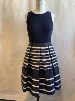 Womens, Dress, Sleeveless, ELIZA J., Navy Blue, White, Rayon, Polyester, Solid, Stripes, 6, Solid Navy Knit Top, Back Zip, Button Back Top with Open Back, Navy/White Stripe Box Pleat Skirt