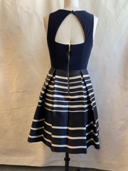 Womens, Dress, Sleeveless, ELIZA J., Navy Blue, White, Rayon, Polyester, Solid, Stripes, 6, Solid Navy Knit Top, Back Zip, Button Back Top with Open Back, Navy/White Stripe Box Pleat Skirt