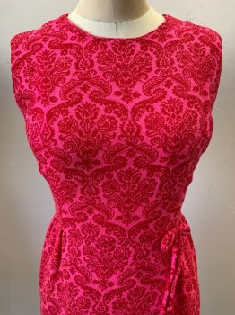 NO LABEL, Red, Hot Pink, Wool, Floral, Sleeveless, CN, Side Waist Bow tie, Back Zipper, ,