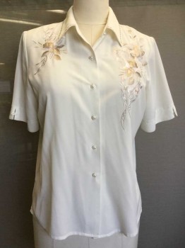 LIZ BAKER, Off White, Polyester, Pastel Floral Embroidery At Shoulders, S/S, Button Front, White Pearl Buttons, Shoulder Pads