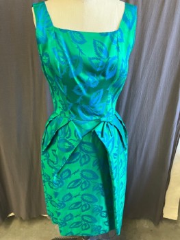 N/L, Green, Lt Blue, Silk, Floral, Slvls, Square, CB Zipper, Piping And Pleats At Waist Line With Side Bow