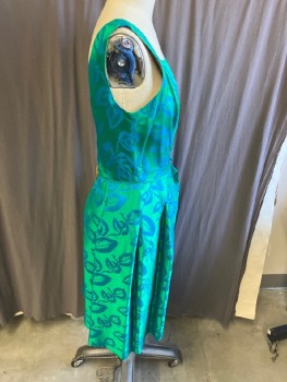 Womens, Cocktail Dress, N/L, Green, Lt Blue, Silk, Floral, W:28, B;36, Slvls, Square, CB Zipper, Piping And Pleats At Waist Line With Side Bow