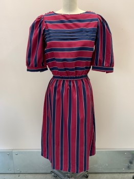 SENECA, Raspberry Pink, Navy Blue, White, Polyester, Stripes, Puff Mid Sleeve, Boat Neck, Buttons On Shoulder, Elastic Waist Band, Pleated Chest,