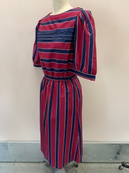 SENECA, Raspberry Pink, Navy Blue, White, Polyester, Stripes, Puff Mid Sleeve, Boat Neck, Buttons On Shoulder, Elastic Waist Band, Pleated Chest,